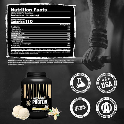 Animal Protein Powder 100% Whey - 4.6g BCAA - Only 1g Added Sugar, No Artificial Colors, Sports Nutrition Concentrate-Isolate Blend - Recovery Supplement and Post Workout Shake - Vanilla - 4lb