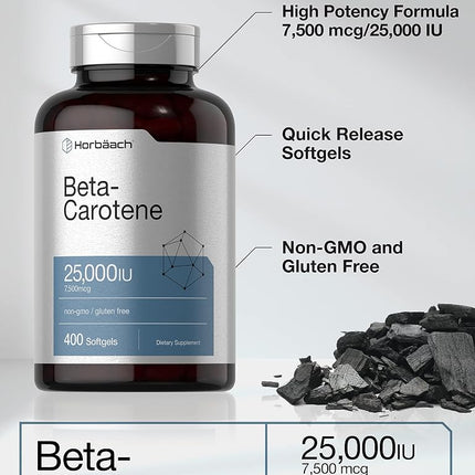 Beta Carotene 25000 iu Softgels | 7,500 mcg | 400 Count | Non-GMO and Gluten Free Formula | Vitamin A as Beta-Carotene Supplement | Value Size | by Horbaach