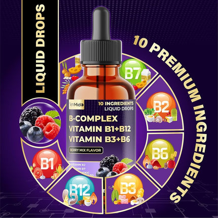 10in1 Vitamin B Complex Liquid Drops with B1 Thiamine, B12 Methylcobalamin, B2 Riboflavin, B3 Niacinamide, B5 Pantothenic Acid, B6 Pyridoxine, B7 Biotin and More - 30ml 1 Fl Oz
