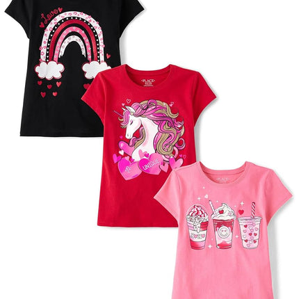 The Children's Place,Short Sleeve Graphic T-Shirts, Vday Heart/Rainbow/Drinks 3-Pack, Small