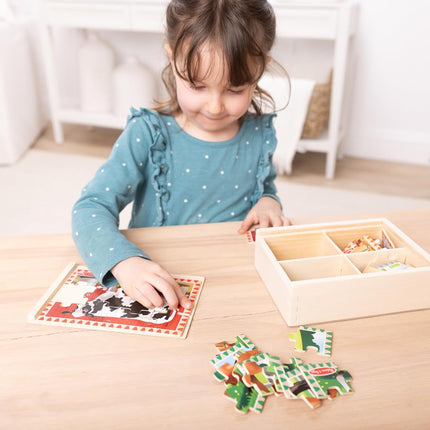 Melissa & Doug Farm Jigsaw Puzzles in a Box (Four Wooden Puzzles, Beautiful Artwork, Sturdy Wooden Storage Box, 48 Pieces, 20.32 cm H x 15.24 cm W x 6.35 cm L)