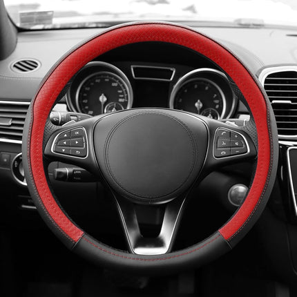 FH Group FH2009 Geometric Chic Genuine Leather Steering Wheel Cover (Red) � Universal Fit for Cars Trucks & SUVs
