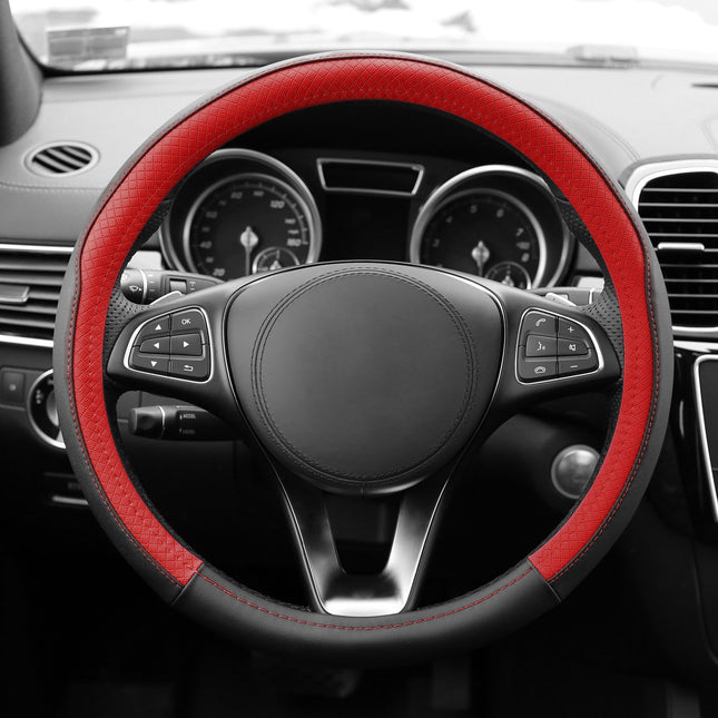 FH Group FH2009 Geometric Chic Genuine Leather Steering Wheel Cover (Red) � Universal Fit for Cars Trucks & SUVs