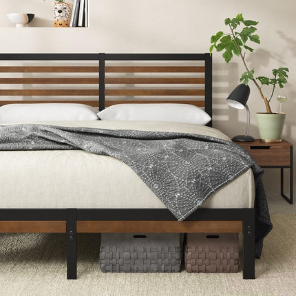 Zinus Kai Queen Bed Frame Bamboo Metal Base with Footboard