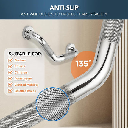 Grab Bars for Bathtubs and Showers- 1-1/4 x 16 Angled Shower Grab Bar for Seniors Knurled Stainless Steel Handicap Grab Bars for Wall, 15" Hole Center (Polished Nickel, 1 Pack)