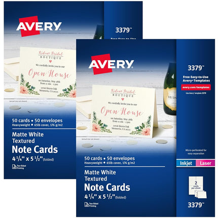 Avery Printable Note Cards, 4.25" x 5.5", Two-Sided Printing, Matte White, 2 Pack, 100 Cards Total (5813)