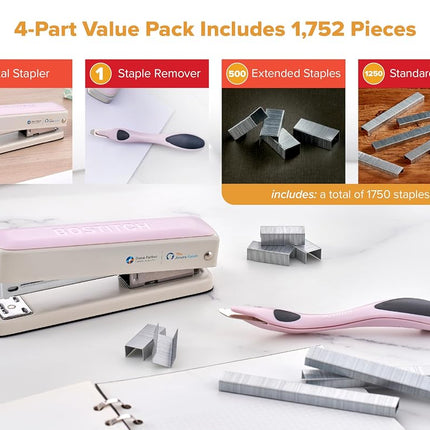 Bostitch Titan Heavy Duty Metal Stapler, 50 Sheet Capacity with 1250 Staples and Ergonomic Staple Remover, Jam Free Stapling, Full Strip Stapler for Desk, Office and Classroom, Pink & White