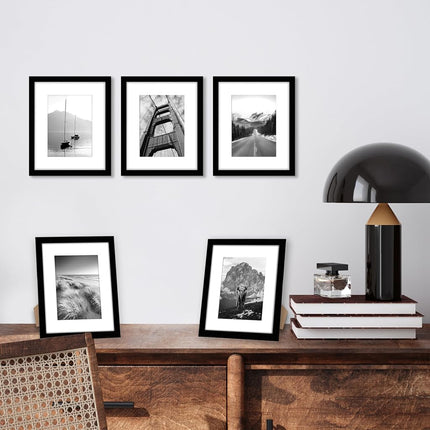 Americanflat 8x10 Photo Frame with Polished Plexi Cover - Set of 5 - Use as 7x5 Photo Frames with Mount or 10x8 Without Mount for Tabletop and Gallery Wall Display - Black