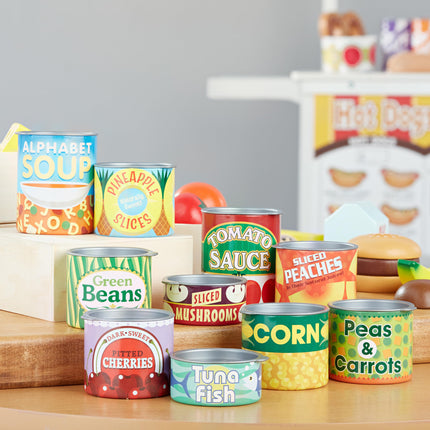Melissa & Doug ¡A jugar a las casitas! Juego de latas de alimentos para la cocina - 10 latas apilables con tapas extraíbles
