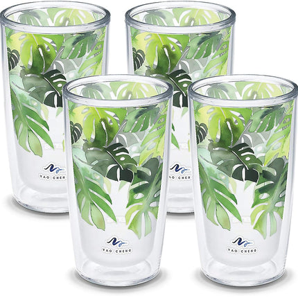 Tervis Yao Cheng Green Crystal Made in USA Double Walled Insulated Tumbler Travel Cup Keeps Drinks Cold & Hot, 16oz 4pk, Philodendron