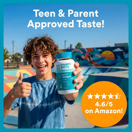 SmartyPants Teen Guy Multivitamin Gummies - Improved Formula: Omega 3 (DHA/EPA), Vitamin D3, C, Vitamin B12, B6, A, K & Zinc, Folate, Gluten Free, Fruit Flavor, 60 Count (30 Day Supply)