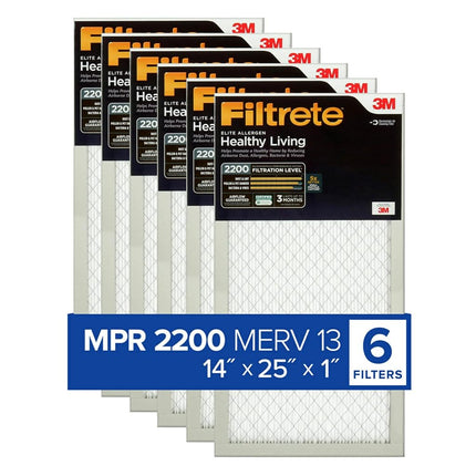 Filtrete 14x25x1 AC Furnace Air Filter, MERV 13, MPR 2200, Elite Allergen, Bacteria & Virus Filter, 3-Month Pleated 1-Inch Electrostatic Air Cleaning Filter, 6-Pack (Actual Size 13.81x24.81x0.78 in)