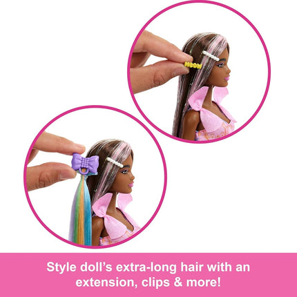 Barbie Fun & Fancy Doll & Accessories, Brunette Fashion Doll with Extra-Long Hair & 2 Looks, Including Silver Metallic Dress & Hair Extension