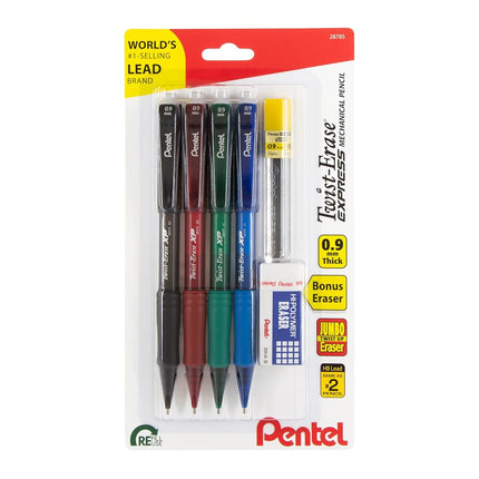 Pentel Twist-Erase EXPRESS Mechanical Pencils, (0.9mm), Assorted Barrel Colors, Pack of 4 Pencils, Lead + Small Block Eraser