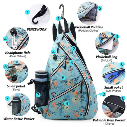 ZOEA Pickleball Bag, Sport Pickleball Sling Bag for Women Man, Adjustable Pickleball Backpack with Fence Hook Water Bottle Holder, Fits 4 Paddles and All Your Other Gear (Flower Blue)