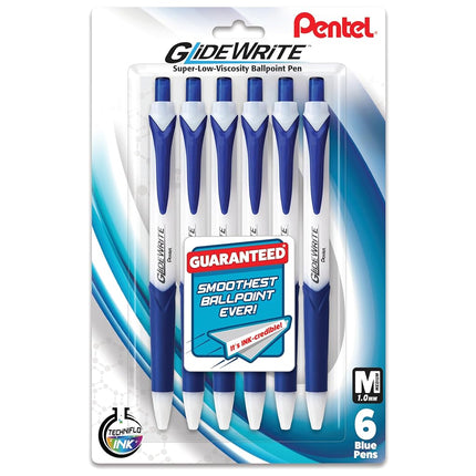 Pentel GlideWrite Ballpoint Pen with TechniFlo Ink, (1.0mm) Medium Line, Blue Ink, 6-Pk