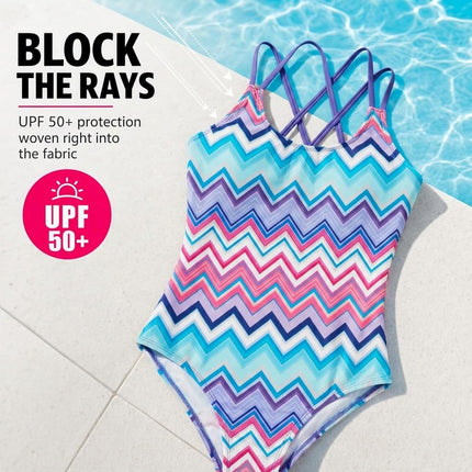 Kanu Surf Girls' Reese UPF 50 Beach Sport Criss-Cross One Piece Swimsuit, Nina Purple Multi, 10