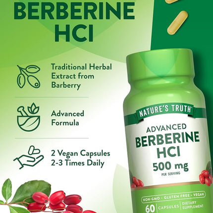 Nature's Truth Berberine HCl 500mg | 60 Capsules | from Barberry Extract | Vegan, Non-GMO, and Gluten Free Supplement