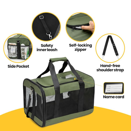 Conlun Dog Carrier Soft Sided, Large Cat Carrier with Inner Safety Leash, Pet Transport Carrier for Large Cats and Medium Dogs up to 20 Lbs, Collapsible Travel Puppy Carrier Bag -Green L