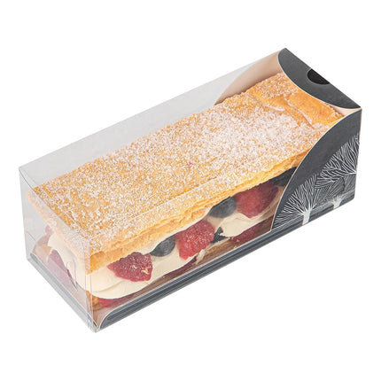 Restaurantware-7 Inch x 2.5 Inch Clear Dessert Boxes, 100 Black Paper Sleeve Transparent Candy Boxes - Tree Accent, No Grease Lining, Clear Plastic Clear Favor Boxes, Crack Resistant, Disposable