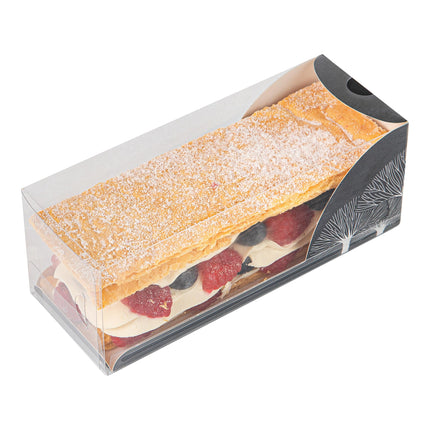 Restaurantware-7 Inch x 2.5 Inch Clear Dessert Boxes, 100 Black Paper Sleeve Transparent Candy Boxes - Tree Accent, No Grease Lining, Clear Plastic Clear Favor Boxes, Crack Resistant, Disposable