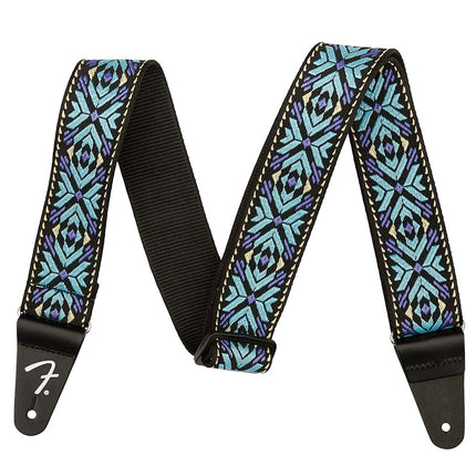 Fender Pasadena Woven Guitar Strap, 2" wide Polyester with Nylon Backing and Leather Ends, Blue Snowflake