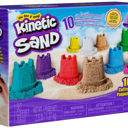 Kinetic Sand, Castle Containers 10-Colour Pack Non-Toxic Educational and Creative Sensory Play Sand Toys for Boys and Girls Aged 3+