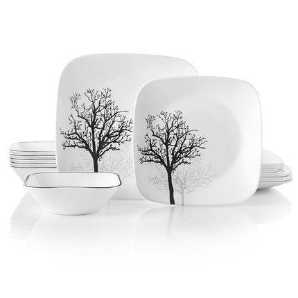 Corelle 18-Piece Dinner Set, Timber Shadows, Black and White for 6, Chip Resistant - Includes Dinner, Salad/Side Plates and Soup/Cereal Bowls
