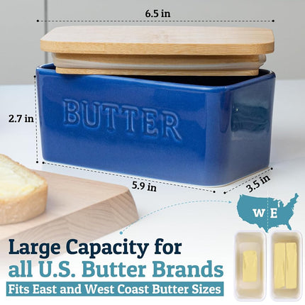 PriorityChef Extra Large Butter Dish with Lid for Countertop, Ceramic Butter Container with Airtight Cover, Butter Keeper for Counter or Fridge, Butter Holder Storage, Dark Blue