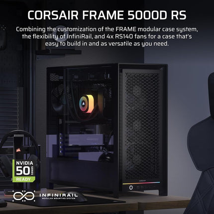 CORSAIR FRAME 5000D RS Modular High Airflow Mid-Tower PC Case – 4x Pre-Installed RS Fans, InfiniRail™ Fan Mounting System, GPU Anti-Sag, ASUS BTF, MSI Project Zero, Gigabyte Project Stealth – Black