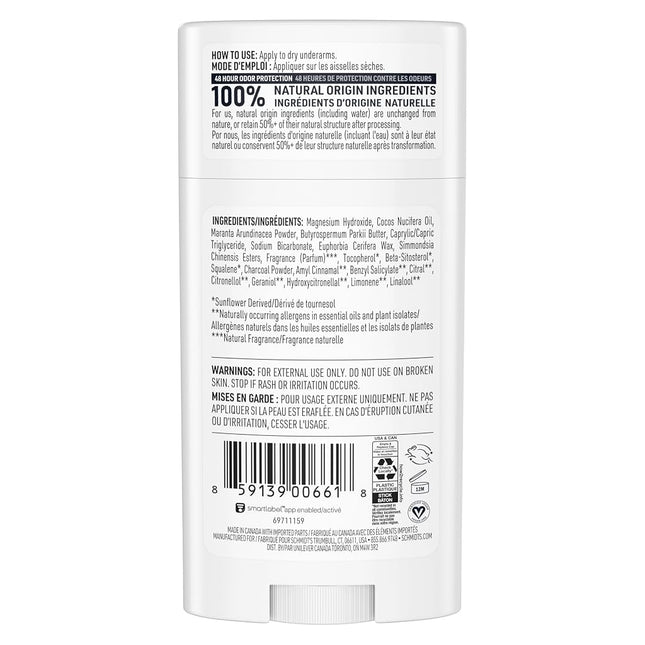SCHMIDT'S Natural Deodorant Stick 75g, Charcoal & Magnesium, 24 Hour Protection, Vegan & Cruelty Free