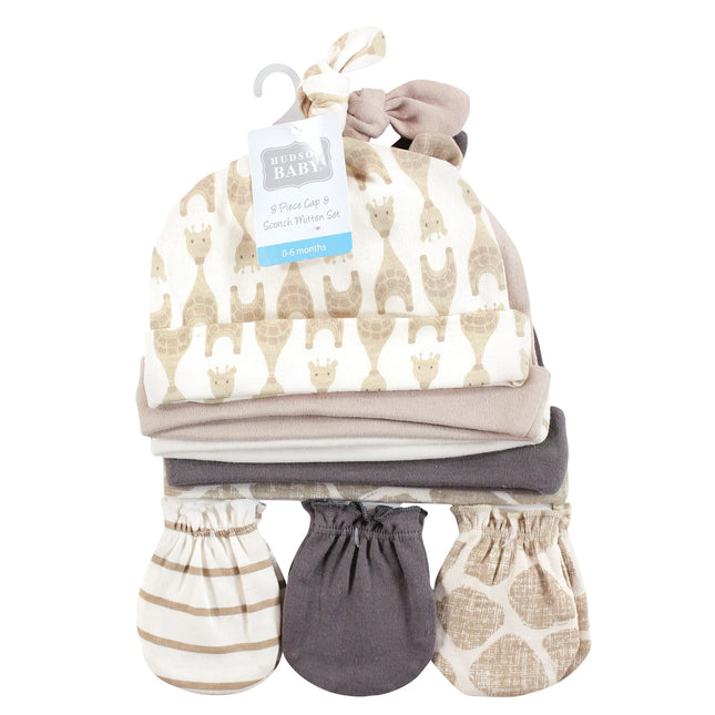 Hudson Baby Unisex Baby Cotton Cap and Scratch Mitten Set, Modern Giraffe, 0-6 Months