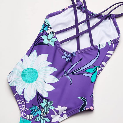 Traje de baño de una pieza con cuello halter deportivo de playa Kanu Surf Jasmine para niñas, Paige Floral Purple, 8