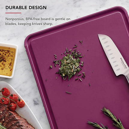 KitchenAid Classic Plastic Cutting Board with Perimeter Trench and Non Slip Edges, Dishwasher Safe, 12 x 18 inch, Beetroot