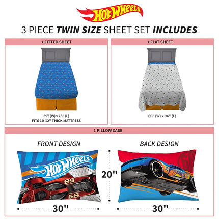 Franco Kids Bedding Super Soft Sheet Set, 3 Piece Twin Size, Hot Wheels
