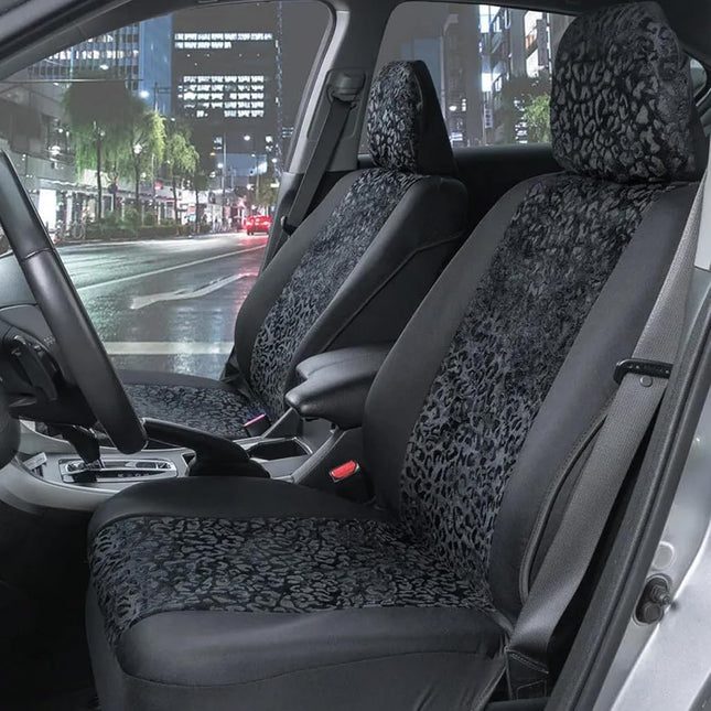 Dark Theme Fresh-Protect Sideless All Protection Unique Fun Graphic Design Seat Belt Side Airbag Armrest Compatible Protective Universal Auto Cars Front Seat Covers -2 Piece Lush Leapard