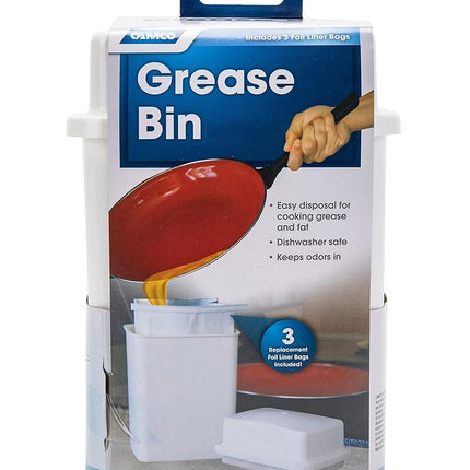 Camco Cooking Grease Storage Bin | Help Stop RV and Marine Kitchen Drains from Getting Clogged | Foil Liners Hold Liquid Up to 200-Degrees Fahrenheit (42281)