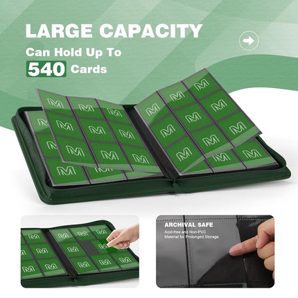Trading Card Binder with 9 Side Loading Pocket Card Album Hold Up to 540 Cards PU Card Collection Binder, Collectible Albums Card Folder for MTG, TCG, Sports Cards（9-Dark green）