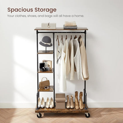 VASAGLE Clothes Rack, Clothing Rack on Wheels, 5-Tier Garment Rack with Metal Pipes, for Bedroom, Store, Laundry Room, Living Room, Rustic Brown and Black HSR66BX