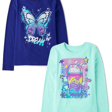 The Children's Place Baby Girls' Assorted Everyday Long Sleeve Graphic T-Shirts,multipacks, Drink/Butterfly Dream 2-Pack, X-Small