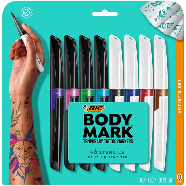 Bic BodyMark Temporary Tattoo Markers for Skin, Artist's Set, Mixed Tip, 8-Count Pack of Assorted Colors, Skin-Safe, Cosmetic Quality