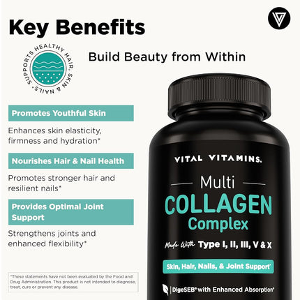 Vital Vitamins Multi Collagen Complex (2 Pack) - Type I, II, III, V, X, Grass Fed, Non-GMO