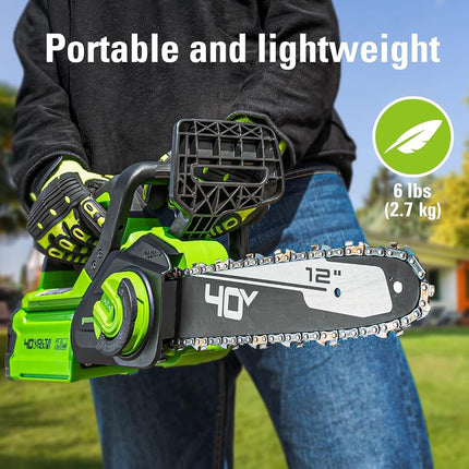 Greenworks 40V 12" Cordless Compact Chainsaw (Great for Storm Clean-Up, Pruning, and Camping), 2.0Ah Battery and Charger Included