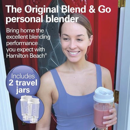Hamilton Beach Personal Blender for Smoothies & Protein Shakes, Portable Single Serve Blender with 2 Travel Jars & Lids, 14 oz BPA-Free Cups, Stainless Steel Blades, 300W, White, 51102G