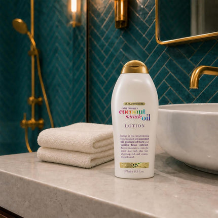 OGX Extra Creamy + Coconut Miracle Oil Ultra Moisture Body Lotion with Vanilla Bean, Fast-Absorbing Body Lotion for All Skin Types, Paraben-Free and Sulfated-Surfactants Free, 19.5 Ounce