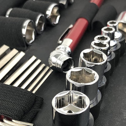 Apollo Tools Jeu d'outils de voiture compact SAE 56 pièces dans une trousse zippée, petit jeu d'outils de mécanicien pour les urgences automobiles, la réparation de motos sur la route, idéal pour les besoins d'outils de voyage - Rouge - DT9774