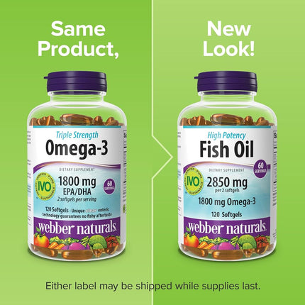 Webber Naturals Triple Strength Omega-3 Fish Oil, 1,800 mg Omega-3 (1,200 mg EPA / 600 mg DHA) per Serving, 120 Clear Enteric Softgels, No Fishy Aftertaste, for Heart, Brain and Joint Health