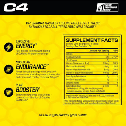 C4 Original Pre Workout Powder ICY Blue Razz - Vitamin C for Immune Support - Sugar Free Preworkout Energy for Men & Women - 150mg Caffeine plus Beta Alanine plus Creatine - 30 Servings