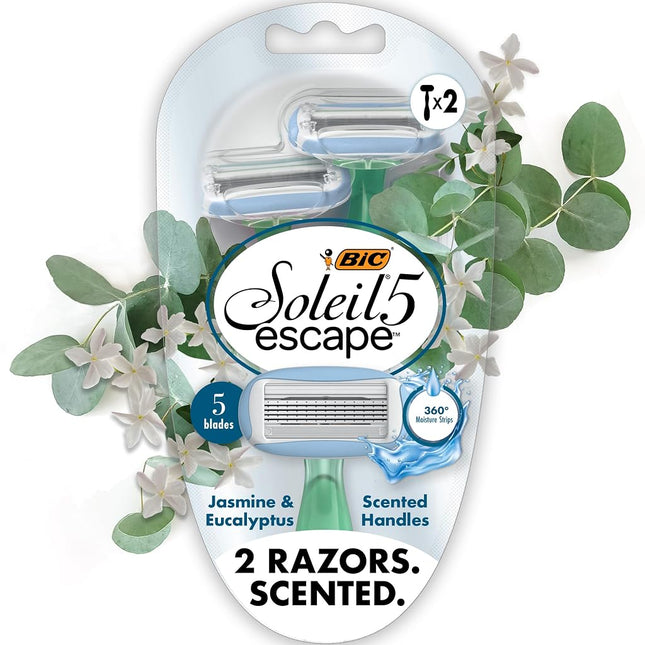 BIC Soleil 5 Escape Scented Women's Disposable Razors, 5 Blades, Comfortable Shave, Jasmine & Eucalyptus Scented Handle Shaving Razors for Women, 2 Count