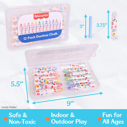 Juego de tizas sin polvo Fisher-Price® - 12 colores brillantes con soportes ajustables, estuche de almacenamiento portátil, útiles de arte lavables, seguros y no tóxicos, para dibujar en pizarras, aceras y papel
